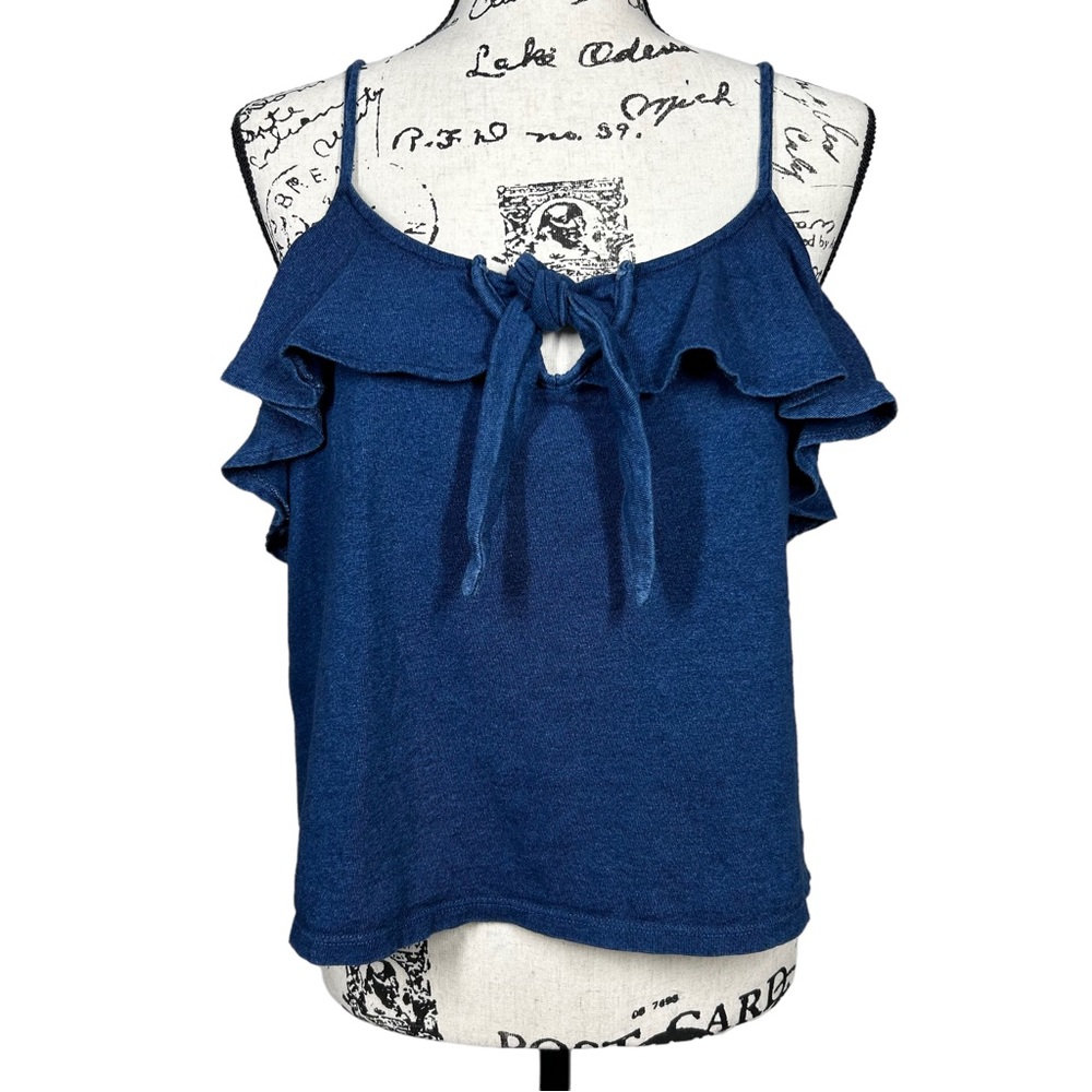 Mango Denim Keyhole Ruffle Tie Front Tank Top - Picture 2 of 9